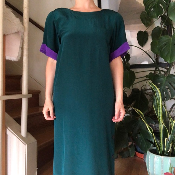 Vintage 80s Liz Claiborne 100% Silk Button Side Colorblock Shift Dress 8… - Picture 14 of 16